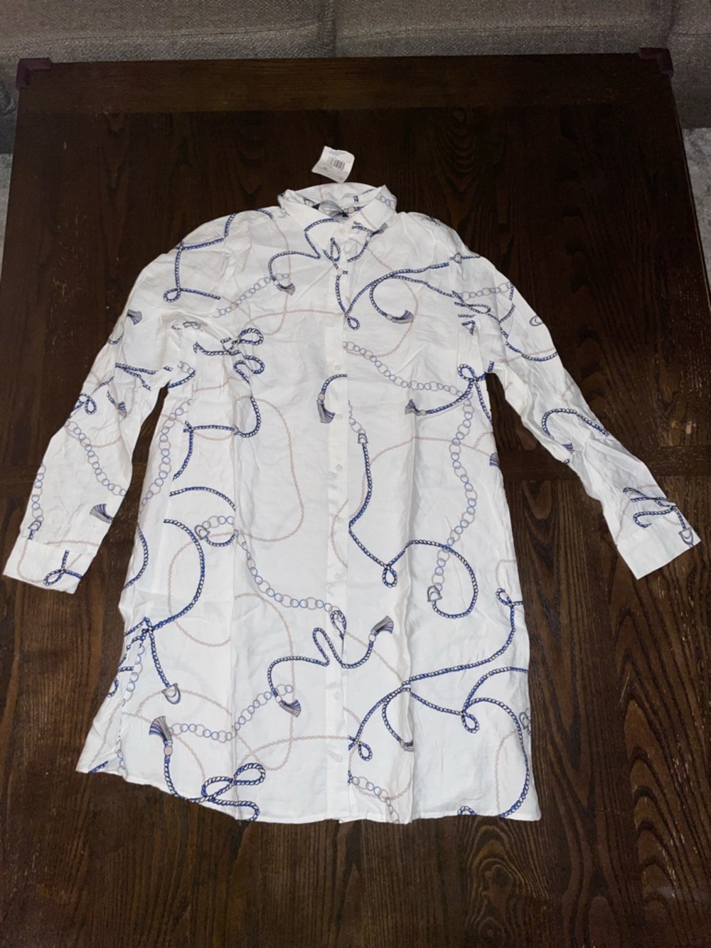 Button-Down Shirt Dress with Blue Chain Print - Women
